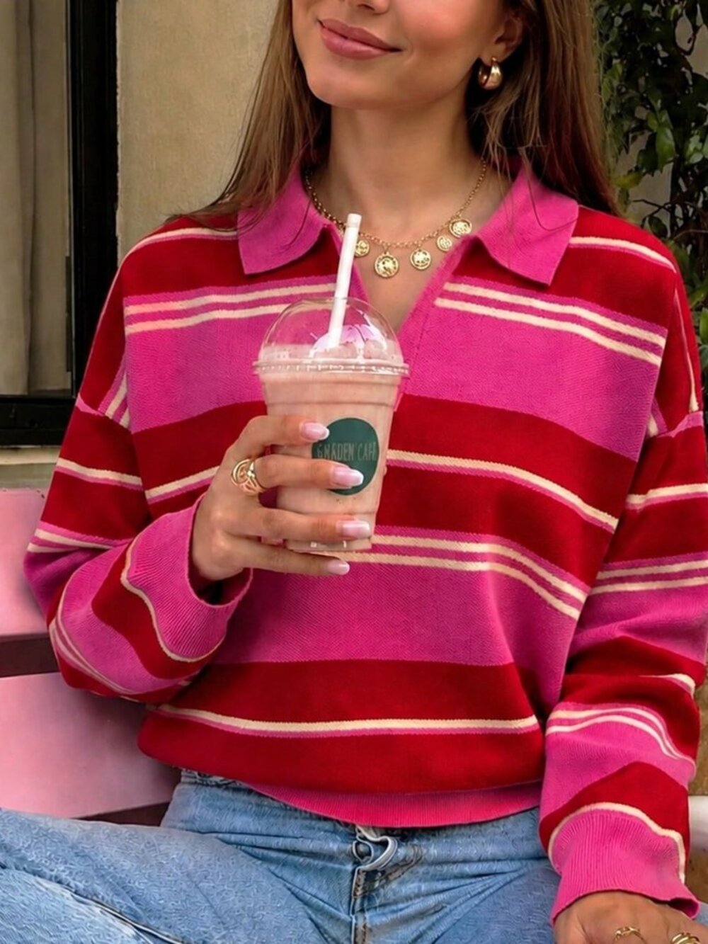Rose Red Casual Women's Loose Fit Collar Pullovers